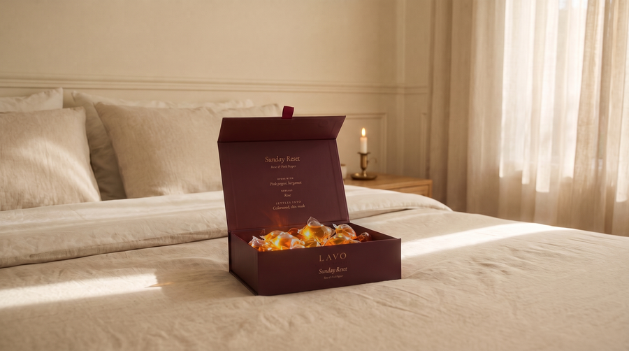 LAVO Sunday Reset box open on a bed in evening light