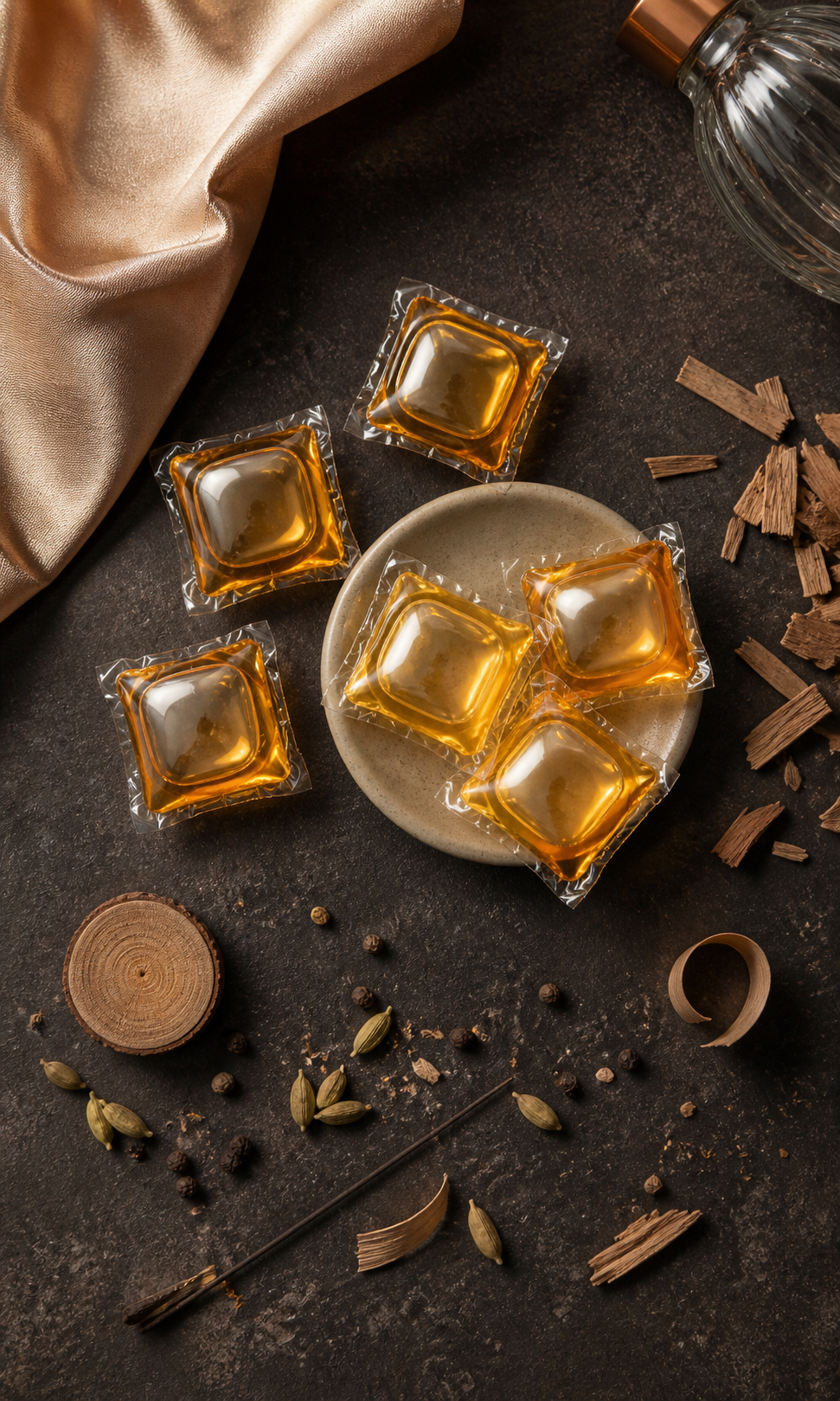 LAVO amber laundry pods styled with fragrance notes on a dark surface