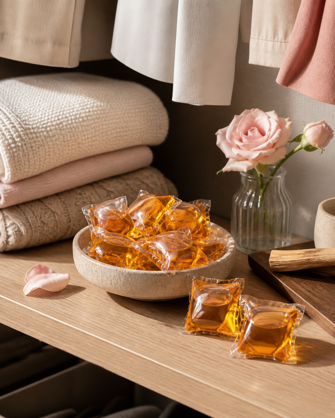 LAVO laundry pods styled with folded knits, wardrobe pieces and roses